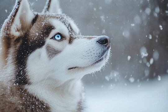 Close-up of Siberian husky dog with blue eyes and snowy fur outdoors in winter forest setting, generative ai image - Powered by Adobe