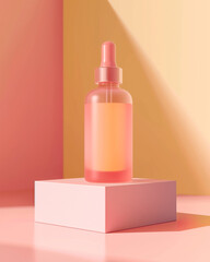 Minimalist skincare bottle packaging mockup, standing on soft pastel background, suitable for beauty brands.