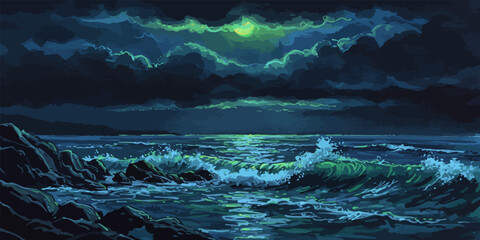 Moonlight shimmers over crashing ocean waves, nocturnal seascape under cloud-covered sky, stormy coastal horizon in blue and green tones.
