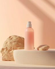 Minimalist skincare bottle packaging mockup, standing on soft pastel background, suitable for beauty brands.