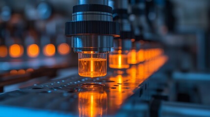 Precision equipment analyzes samples with orange illumination in a modern laboratory setting