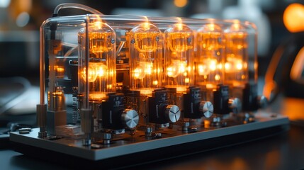 Unique vintage tube amplifier with glowing valves on display in a modern audio studio
