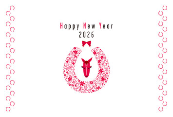 花で形どった蹄と馬の顔モチーフの2026年賀状～レッド～png