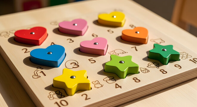 Educational wooden toy with colorful heart and star shapes promoting early learning - Powered by Adobe