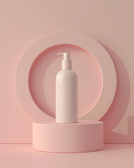 Minimalist skincare bottle packaging mockup, standing on soft pastel background, suitable for beauty brands.