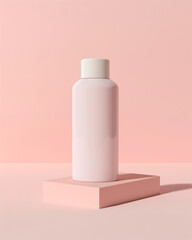 Minimalist skincare bottle packaging mockup, standing on soft pastel background, suitable for beauty brands.