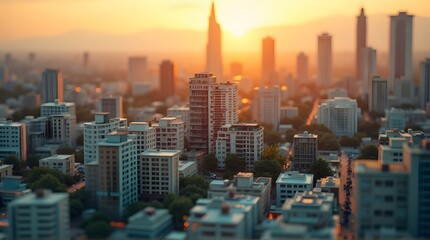 Golden Hour Cityscape: Urban Skyline at Sunset