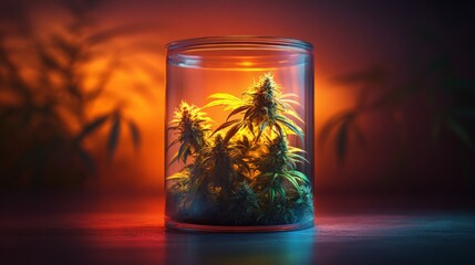 Vibrant cannabis plants under colorful lighting in a glass container on a table at night