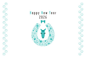 花で形どった蹄と馬の顔モチーフの2026年賀状～ターコイズブルー～png