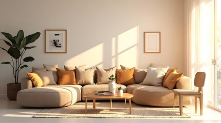 Modern Living Room Interior with Beige Sofa and Plant