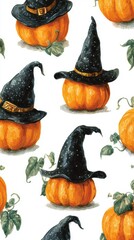 Whimsical pumpkins wearing witch hats create a festive autumn pattern for seasonal decor