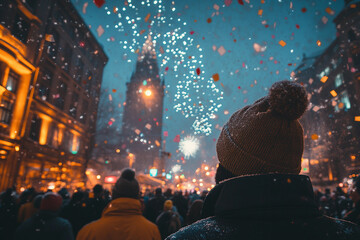 Dreamy Winter Night with a Person Admiring Sparkling Fireworks in Festive Holiday Atmosphere, Generative AI