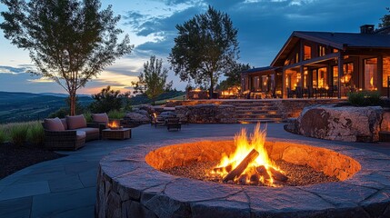 Cozy outdoor gathering at sunset around a stone fire pit with mountain views in a serene landscape
