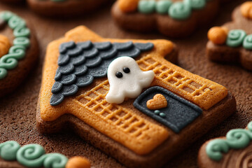 Fototapeta premium Festive autumn treat: Halloween-themed gingerbread house cookie with spooky ghost and decorated roofing, perfect for a sweet celebration!