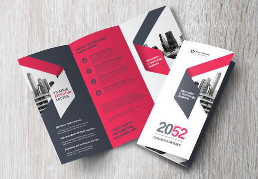 Corporate brochure design template &ndash; Professional modern tri-fold leaflet with geometric layout and business theme in Red and Black.