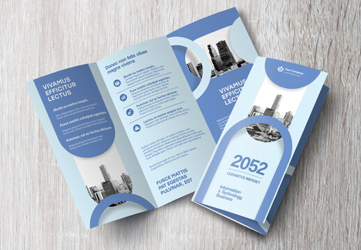 Corporate brochure design template &ndash; Professional modern tri-fold leaflet with geometric layout and business theme in Blue and Black.