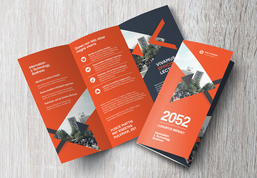 Corporate brochure design template &ndash; Professional modern tri-fold leaflet with geometric layout and business theme in Red and Black.