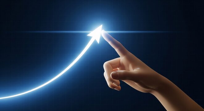 Guiding the Ascent: A poised hand traces a luminous upward arrow, symbolizing progress and future endeavors in a clean design.