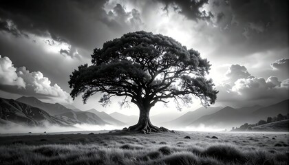 A solitary, large tree stands in a field, silhouetted against a dramatic, cloudy sky and distant mountains