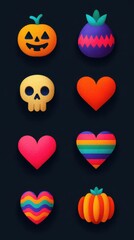Colorful collection of Halloween and love-themed icons featuring pumpkins, hearts, and a skull on a dark background