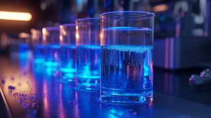 Glowing glasses of water on a bar counter with blue lighting and reflections in a modern setting