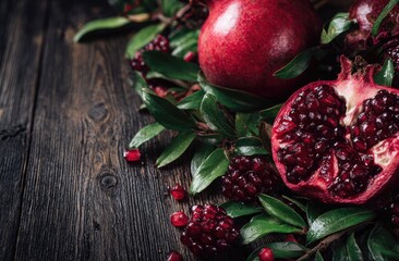 Pomegranate fruit and leaves on dark wooden table