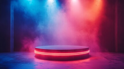 Vibrant stage setup illuminated by colorful lights with fog in a performance venue