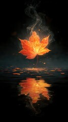 Vibrant orange maple leaf floats on water, reflecting glowing colors against a dark background