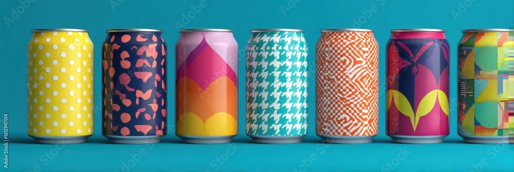 Poster colorful beer cans arranged in a modern pattern with space for messaging on the left