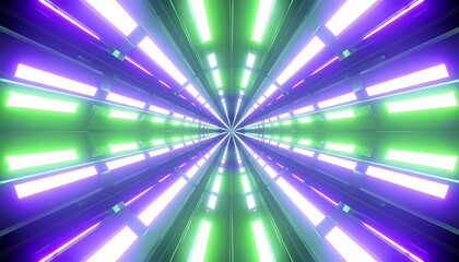 Abstract tunnel with glowing purple and green lights