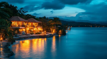 Enchanting waterfront villas illuminated at dusk along a serene coast with a dark blue sky