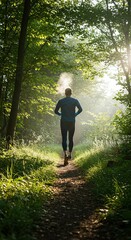 Backlit Forest Run Man Jogging on Trail with Steam Breath in Sunlight.