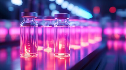 Vials illuminated by vibrant pink and blue lights in a laboratory setting during a late-night experiment