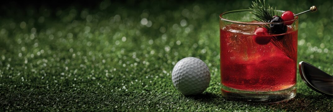 Refreshing cocktail sits on green turf next to a golf ball and club during a sunny afternoon