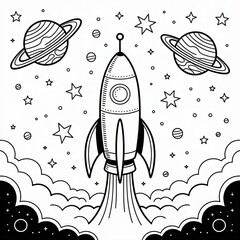 Hand drawn rocket launching into space with planets and stars isolated on white background