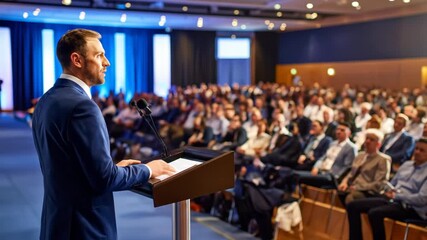 Man speaks to audience from stage during conference presentation or lecture. Speaker on event