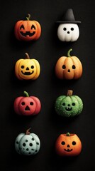 Creative Halloween pumpkin designs featuring varied expressions on colorful pumpkins in a playful arrangement