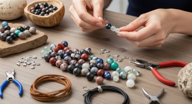 Hands crafting beaded jewelry with tools and materials on wooden table
