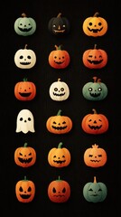 Colorful collection of Halloween pumpkins with various faces displayed on a dark background