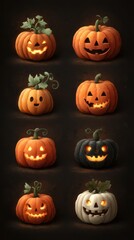 Creative collection of glowing Halloween pumpkins with various expressions and designs on a dark background