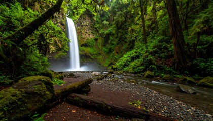 Lush waterfall cascading through a misty forest