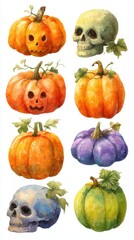 Various colorful pumpkins and skulls arranged in a creative Halloween-themed illustration