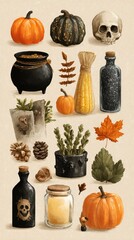 Fall harvest decoration featuring pumpkins, skull, and other seasonal items on a beige background