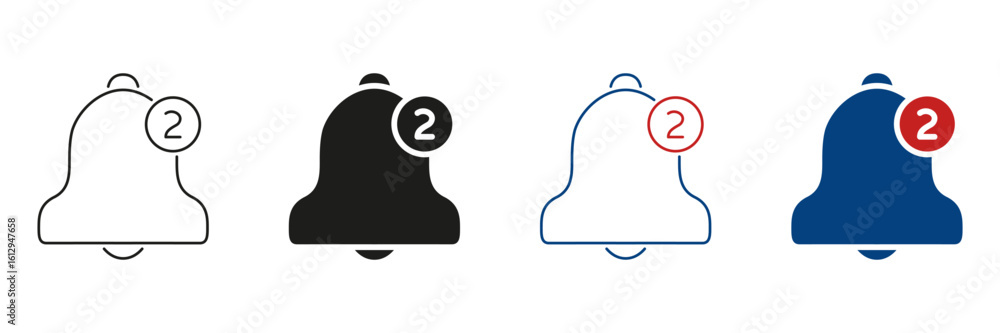 Poster notification bell with badge line and solid icon set. alert and reminder symbol collection for messa