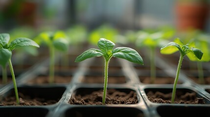 Seedlings grow in a greenhouse during spring in organized trays with rich soil and vibrant green leaves
