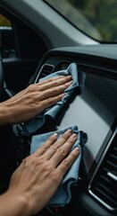 Car Interior Detailing Hands Cleaning Dashboard with Microfiber Cloth for Automotive Care.