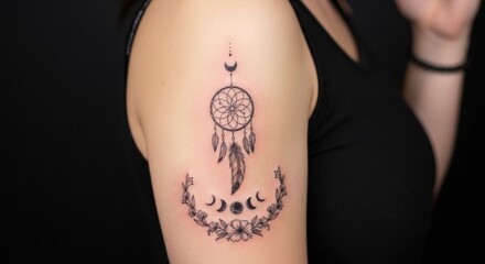 Female adult caucasian arm tattoo featuring dreamcatcher and moon phases