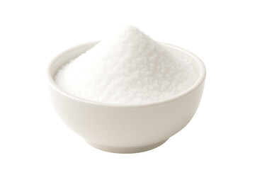 Fine salt crystals in a ceramic bowl with clean white glossy texture and soft light highlighting the food product isolated on transparent background