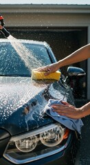 Car Washing Process Hands Scrubbing Hood with Sponge and Rinsing with Water.