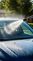 Car Wash HighPressure Water Spray Cleans Blue Vehicle Windshield in Sunlight.